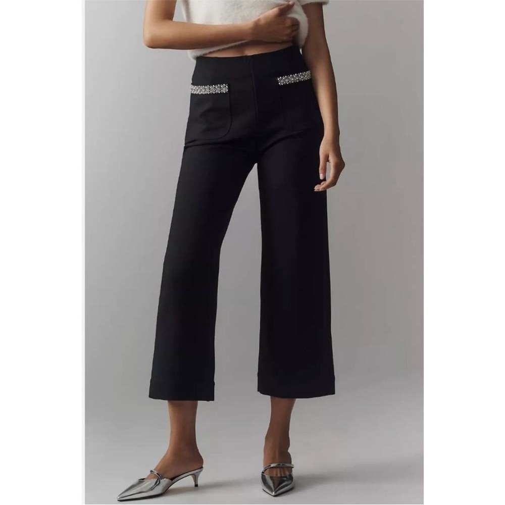 Anthropologie The Colette Cropped Wide-Leg Pants Rhinestone Pocket Ed 27 NWT